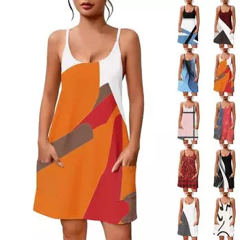 Женское летнее повседневное платье с квадратным вырезом и подтяжками, с карманами L чёрный