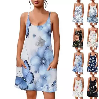 Женское летнее повседневное платье с квадратным вырезом и подтяжками, с карманами L бежевый