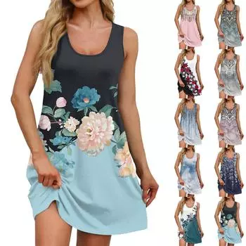 Женское летнее повседневное платье с квадратным вырезом и цветочным принтом, платье без рукавов с карманами L чёрный