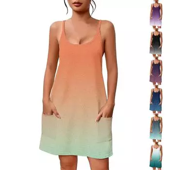 Женское летнее повседневное платье с квадратным вырезом и подтяжками, с карманами L чёрный