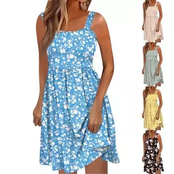 Женское летнее повседневное платье с квадратным вырезом и карманами, милое платье трапециевидной формы без рукавов с высокой талией и жилетом миди S светло-зеленый