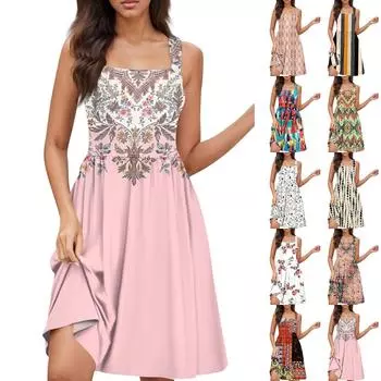 Женское летнее повседневное платье с квадратным вырезом и карманами, милое платье трапециевидной формы без рукавов с высокой талией и жилетом миди L