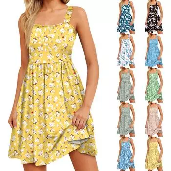 Женское летнее повседневное платье с квадратным вырезом и карманами, милое платье трапециевидной формы без рукавов с высокой талией и жилетом миди L чёрный