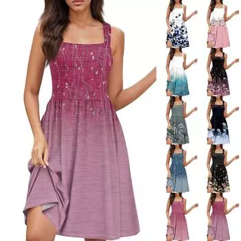 Женское летнее повседневное платье с квадратным вырезом и карманами, милое платье трапециевидной формы без рукавов с высокой талией и жилетом миди XXL синий