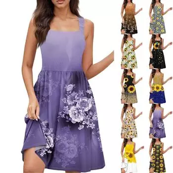 Женское летнее повседневное платье с квадратным вырезом и карманами, милое платье трапециевидной формы без рукавов с высокой талией и жилетом миди XXL фиолетовый