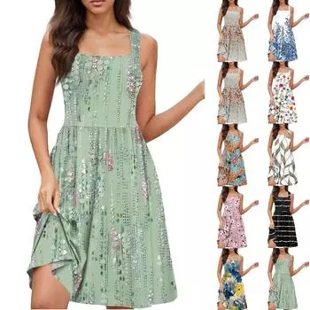 Женское летнее повседневное платье с квадратным вырезом и карманами, милое платье трапециевидной формы без рукавов с высокой талией и жилетом миди L синий