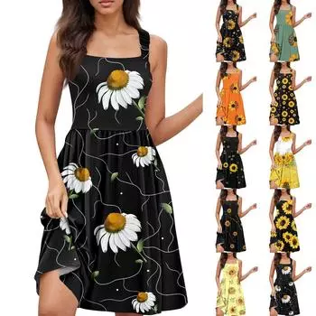 Женское летнее повседневное платье с квадратным вырезом и карманами, милое платье трапециевидной формы без рукавов с высокой талией и жилетом миди XXL чёрный