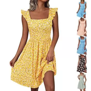 Женское летнее повседневное платье с квадратным вырезом и карманами, милое платье трапециевидной формы без рукавов с высокой талией и жилетом миди XXL