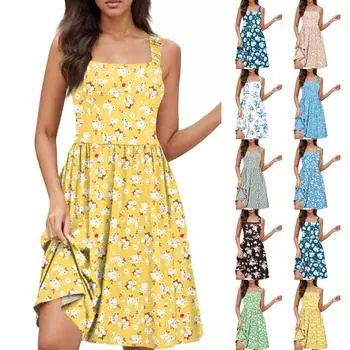 Женское летнее повседневное платье с квадратным вырезом и карманами, милое платье трапециевидной формы без рукавов с высокой талией и жилетом миди L чёрный