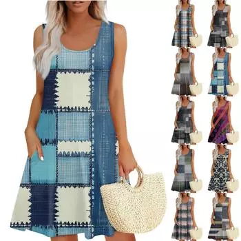 Женское летнее повседневное платье с квадратным вырезом и цветочным принтом, платье без рукавов с карманами M циан