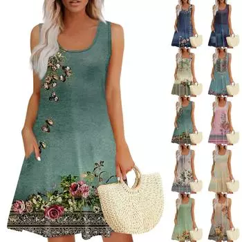 Женское летнее повседневное платье с квадратным вырезом и цветочным принтом, платье без рукавов с карманами XXL