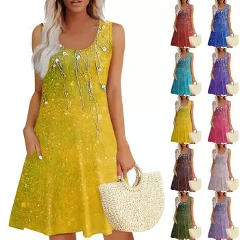 Женское летнее повседневное платье с квадратным вырезом и цветочным принтом, платье без рукавов с карманами XXL