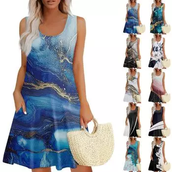Женское летнее повседневное платье с квадратным вырезом и цветочным принтом, платье без рукавов с карманами XXL