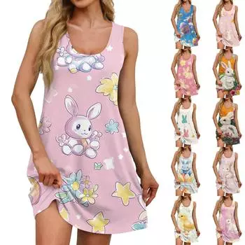 Женское летнее повседневное платье с квадратным воротником и пасхальным принтом, платье без рукавов с карманами XL