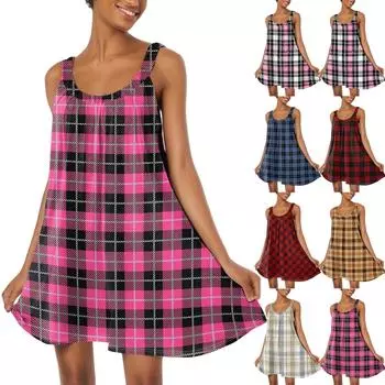 Женское летнее повседневное платье с квадратным вырезом, оборками спереди, карманами и клетчатым принтом с короткими рукавами L