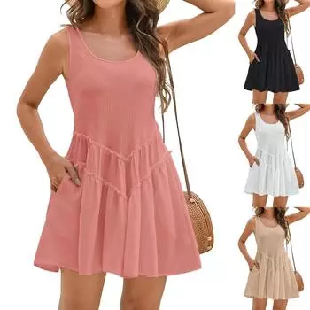 Женское летнее повседневное платье с квадратным вырезом и карманом, симпатичное платье-сарафан без рукавов с высокой талией, платья-миди L белый