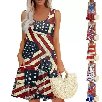 Женское летнее повседневное платье с квадратным вырезом и принтом «День независимости» Платье без рукавов с карманами L