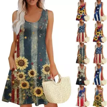 Женское летнее повседневное платье с квадратным вырезом и принтом «День независимости» Платье без рукавов с карманами XXL