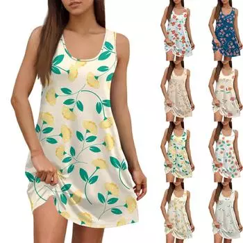 Женское летнее повседневное платье с квадратным вырезом и цветочным принтом, платье без рукавов с карманами XXL
