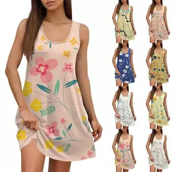 Женское летнее повседневное платье с квадратным вырезом и цветочным принтом, платье без рукавов с карманами L