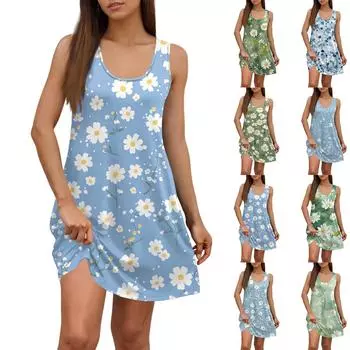 Женское летнее повседневное платье с квадратным вырезом и цветочным принтом, платье без рукавов с карманами M