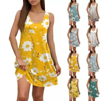 Женское летнее повседневное платье с квадратным вырезом и цветочным принтом, платье без рукавов с карманами M