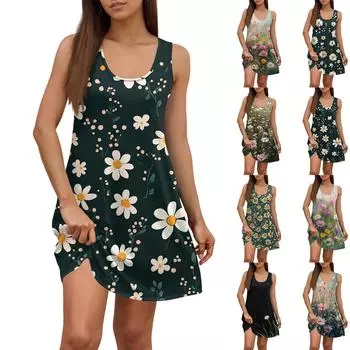 Женское летнее повседневное платье с квадратным вырезом и цветочным принтом, платье без рукавов с карманами S