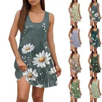 Женское летнее повседневное платье с квадратным вырезом и цветочным принтом, платье без рукавов с карманами L