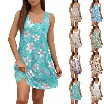 Женское летнее повседневное платье с квадратным вырезом и цветочным принтом, платье без рукавов с карманами XL бежевый