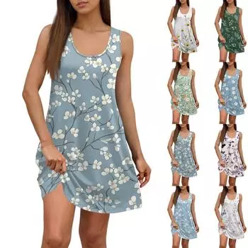 Женское летнее повседневное платье с квадратным вырезом и цветочным принтом, платье без рукавов с карманами M
