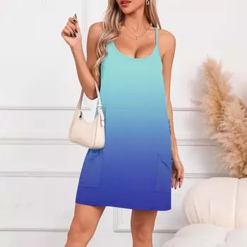 Женское летнее повседневное платье с квадратным вырезом и подтяжками, с карманами S темно-синий