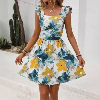 Женское летнее повседневное платье с открытой спиной, сексуальное, для отдыха на пляже, с цветочным принтом, цельное платье S