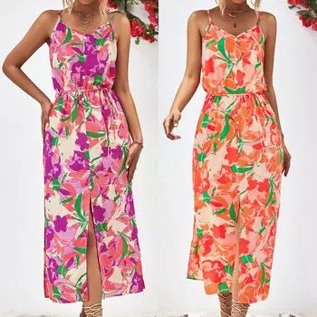 Женское летнее повседневное платье с открытой спиной и цветочным принтом S оранжевый