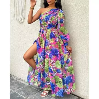 Женское летнее повседневное платье с открытыми плечами и длинными рукавами-фонариками с принтом S синий/розовый