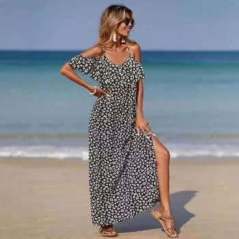 Женское летнее повседневное платье с открытыми плечами и цветочным принтом для отдыха на пляже S