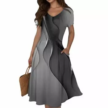 Женское летнее повседневное платье с принтом, V-образным вырезом, короткими рукавами и карманами L