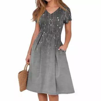 Женское летнее повседневное платье с принтом, V-образным вырезом, короткими рукавами и карманами L