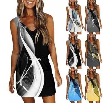 Женское летнее повседневное платье с принтом без рукавов и карманами