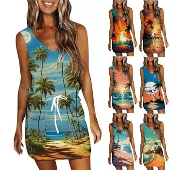 Женское летнее повседневное платье с принтом без рукавов и карманами L чёрный