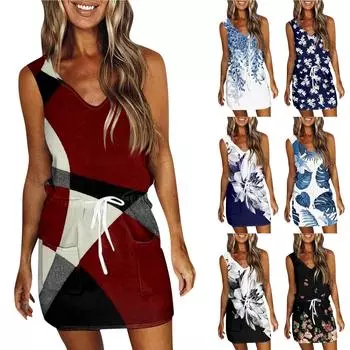 Женское летнее повседневное платье с принтом без рукавов и карманами S синий