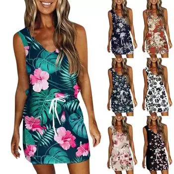 Женское летнее повседневное платье с принтом без рукавов и карманами L чёрный