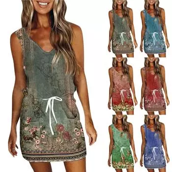 Женское летнее повседневное платье с принтом без рукавов и карманами L синий