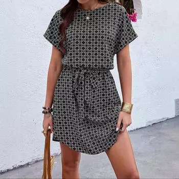 Женское летнее повседневное платье с рукавами летучая мышь, круглым вырезом, вставками, клетчатым принтом, черное, цельное S