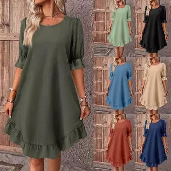 Женское летнее повседневное платье с рукавами миди, однотонные пуловеры с круглым вырезом, платья L