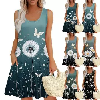 Женское летнее повседневное платье с U-образным вырезом и цветочным принтом, платье без рукавов с карманами L чёрный
