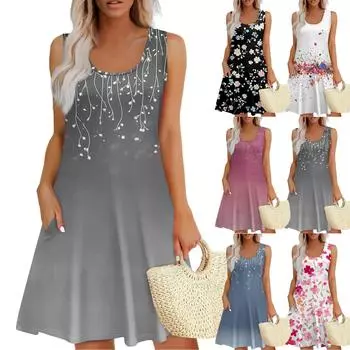 Женское летнее повседневное платье с U-образным вырезом и цветочным принтом, платье без рукавов с карманами L чёрный