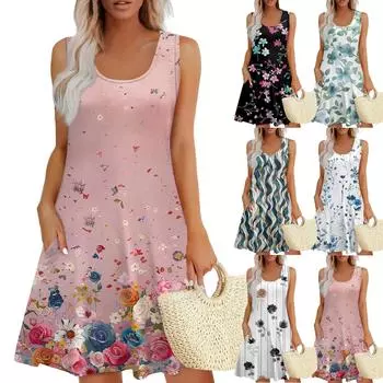 Женское летнее повседневное платье с U-образным вырезом и цветочным принтом, платье без рукавов с карманами L чёрный