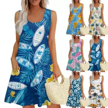 Женское летнее повседневное платье с U-образным вырезом и цветочным принтом, платье без рукавов с карманами L синий