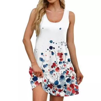 Женское летнее повседневное платье с U-образным вырезом и цветочным принтом, платье без рукавов с карманами L синий