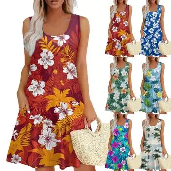 Женское летнее повседневное платье с U-образным вырезом и цветочным принтом, платье без рукавов с карманами L синий